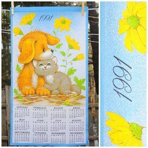 VTG 1991 Cute Puppy, Kitten & Daisies Calendar Towel Bright Colors Birthday Gift